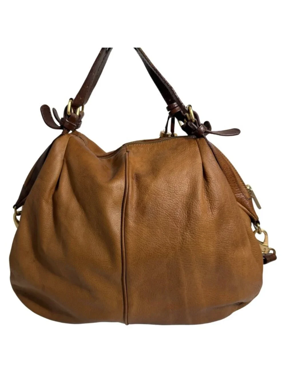 Cynthia Rowley Tan Leather Shoulder Bag + Adjust Strap Zipper Pockets + Tassel